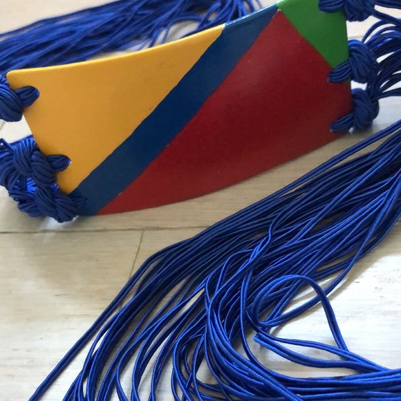 Blue cord wrap belt with multi color ceramic front; multi tie ends. - Picture 4 of 11